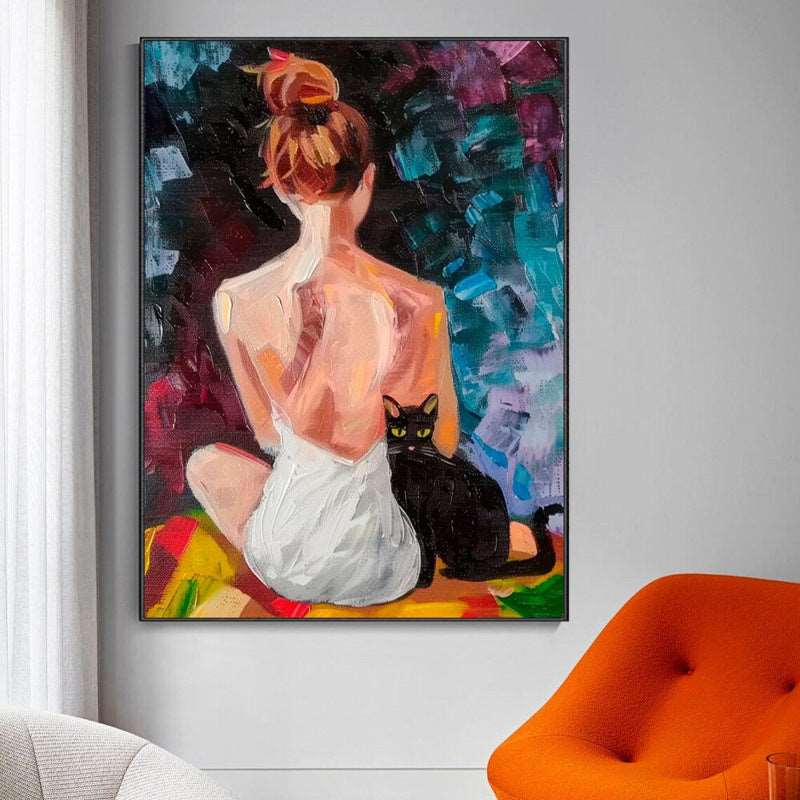 Girl and Black Cat Painting - Portrait - Artvora