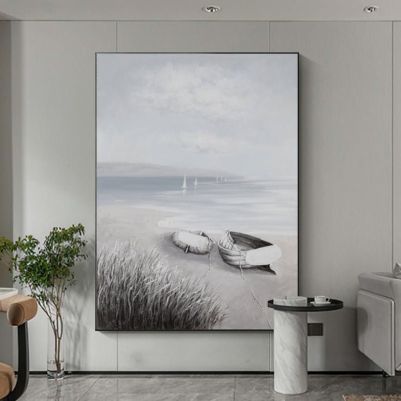 Lonely Boat Painting - Landscape - Artvora