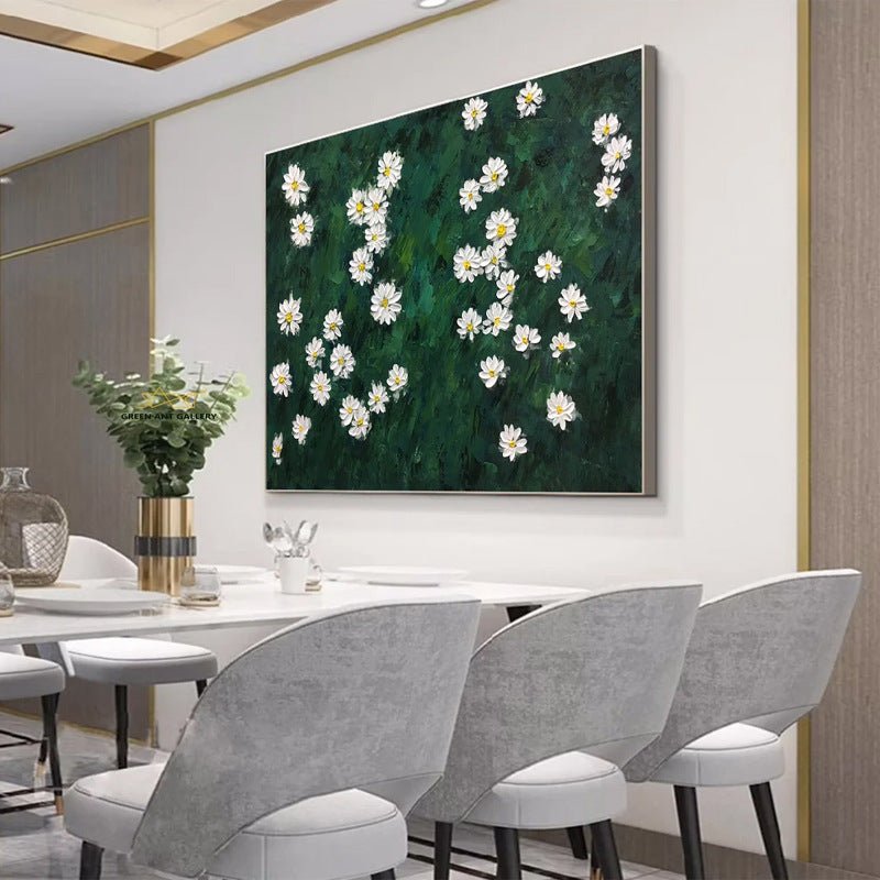 White Flowers and Green Wall Painting - Flowers - Artvora