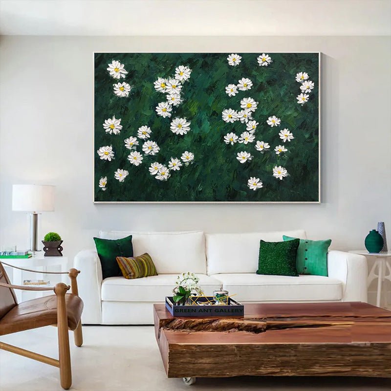 White Flowers and Green Wall Painting - Flowers - Artvora