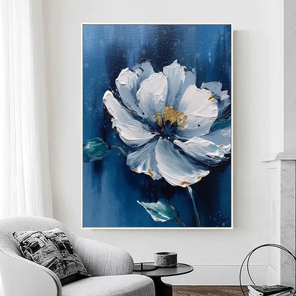 White Flowers on Blue Background Painting - Flowers - Artvora