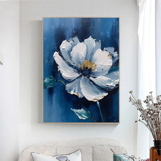 White Flowers on Blue Background Painting - Flowers - Artvora