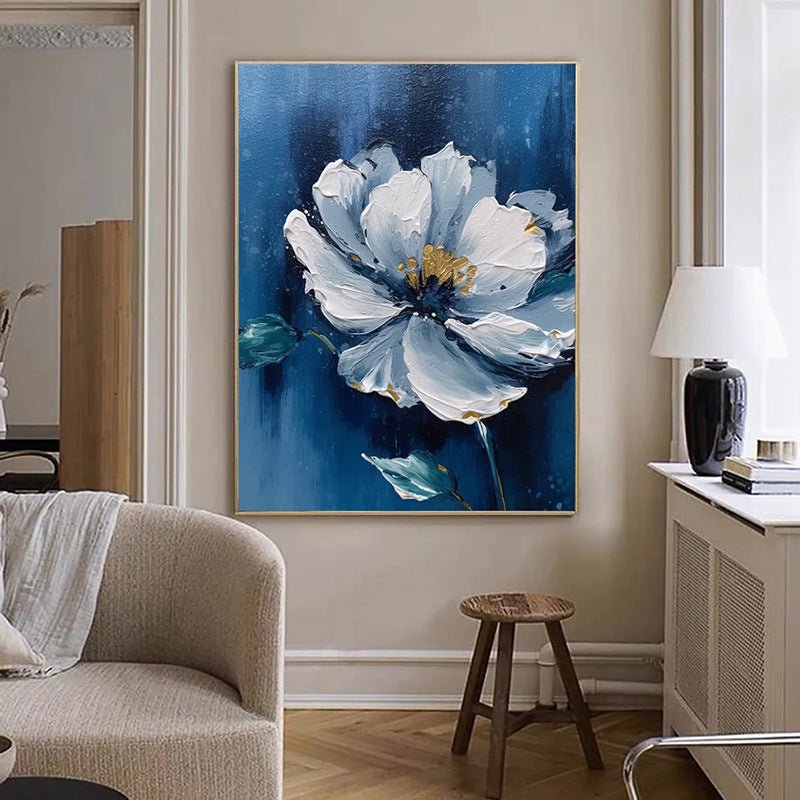 White Flowers on Blue Background Painting - Flowers - Artvora