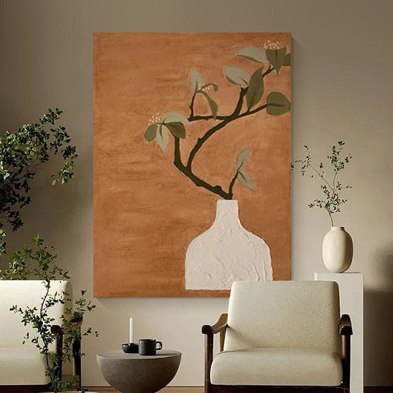 White Vase Flower Branch Painting - Minimalist - Artvora