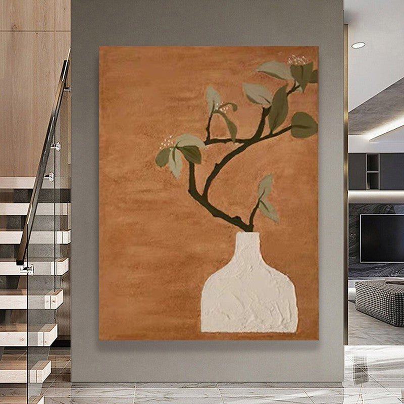 White Vase Flower Branch Painting - Minimalist - Artvora